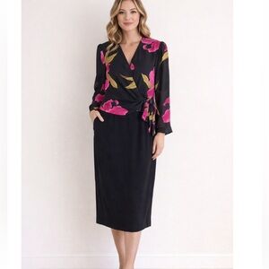 JOHN ROBERTS Vintage Black Floral Wrap Midi Dress NWOT